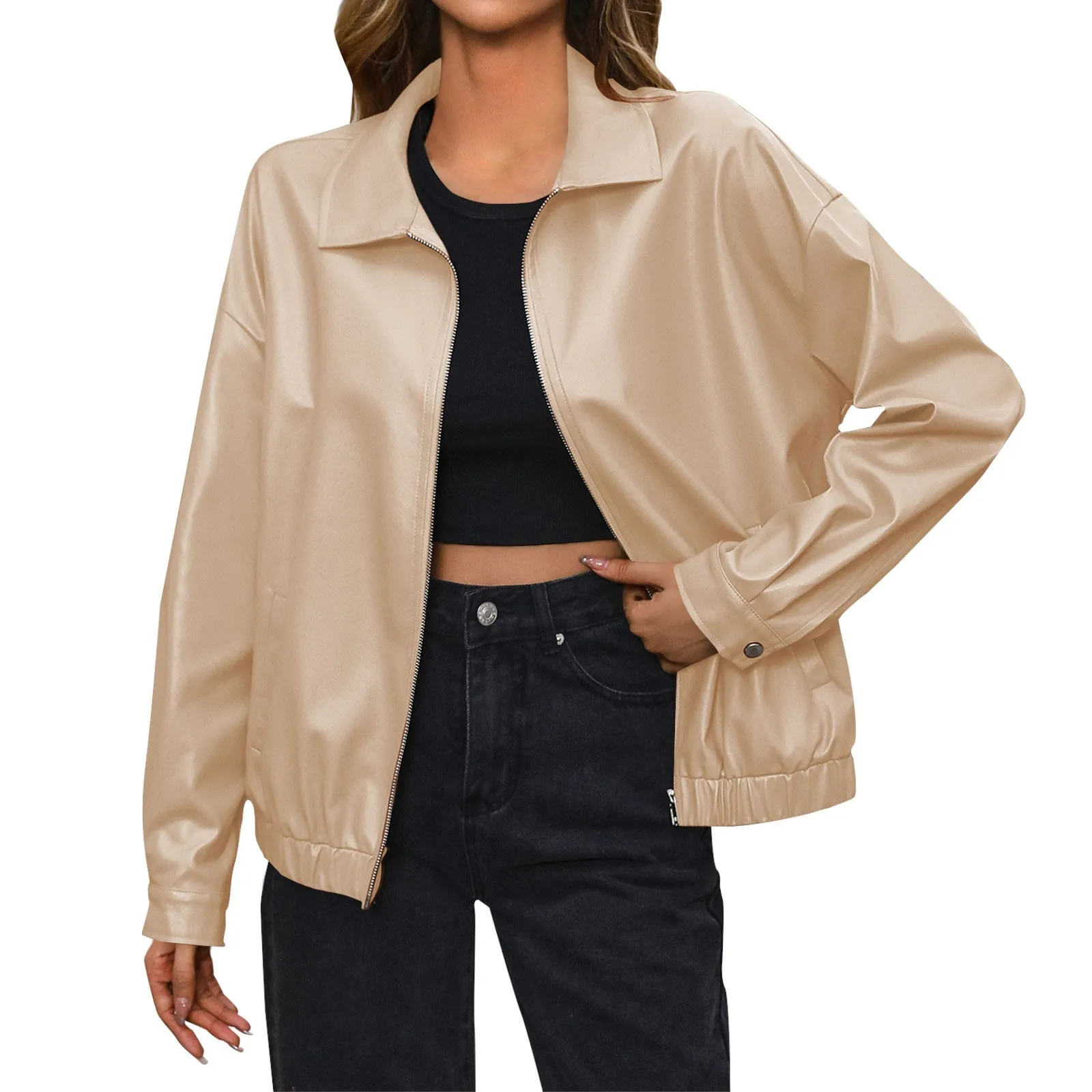 Senhoras moda casual cor sólida ao ar livre jaqueta de couro casaco curto vintage manga longa lapela zíper casacos rua outerwear