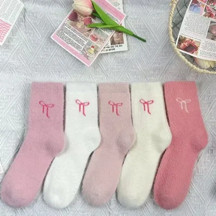 

5 Pairs Autumn Winter Socks Women Mink Fur Bow Plush Cute Sweet mid-calf Thickened Warm Home Sleep Sports Ankle Crew 7W265