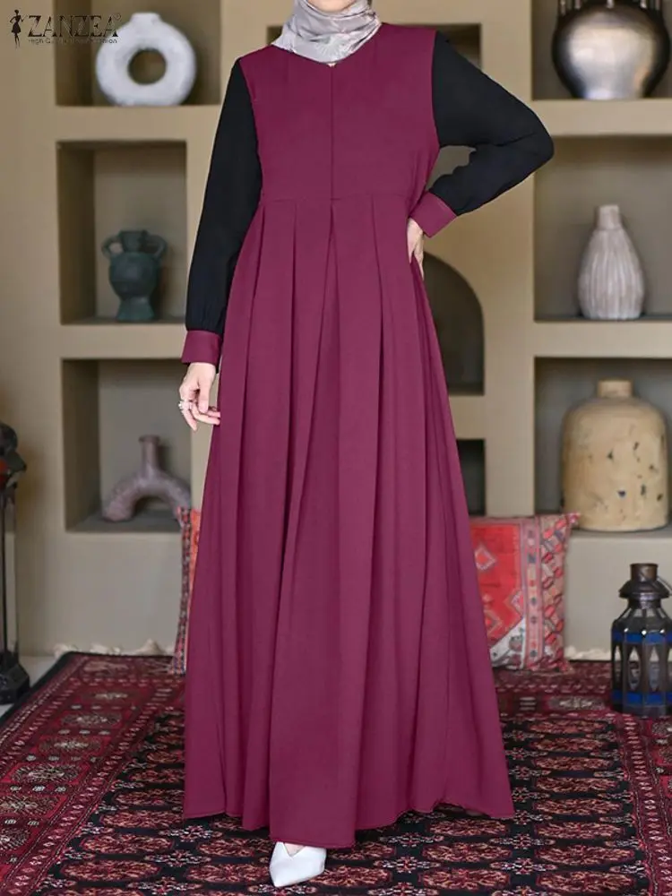 ZANZEA رمضان عباية إسلامية فستان دبي فساتين الحجاب للنساء للخريف بأكمام طويلة مرقعة فستان صيفي مطوي رداء IsIamic