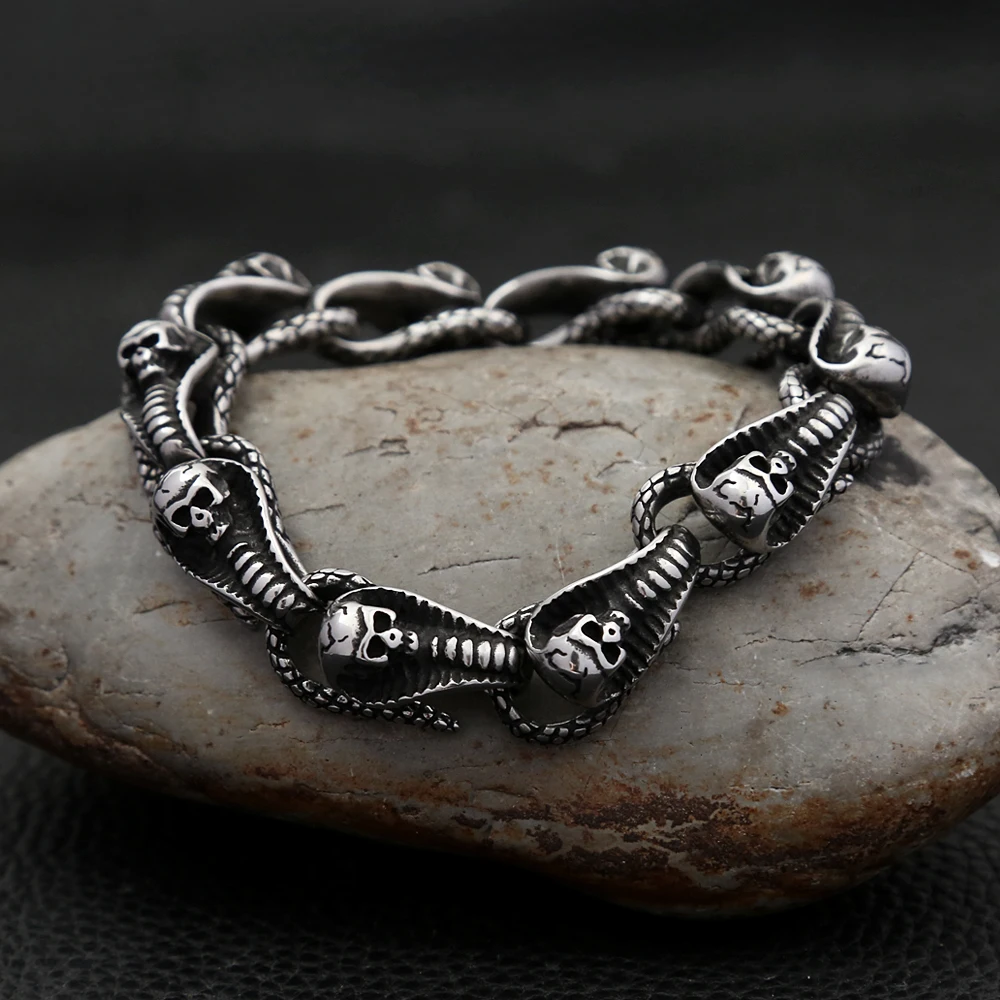 

Punk Vintage 316L Stainless Steel Snake Bracelets For Men Boys Hip Hop Biker Skull Bracelet Unique Amulet Jewelry Dropshipping