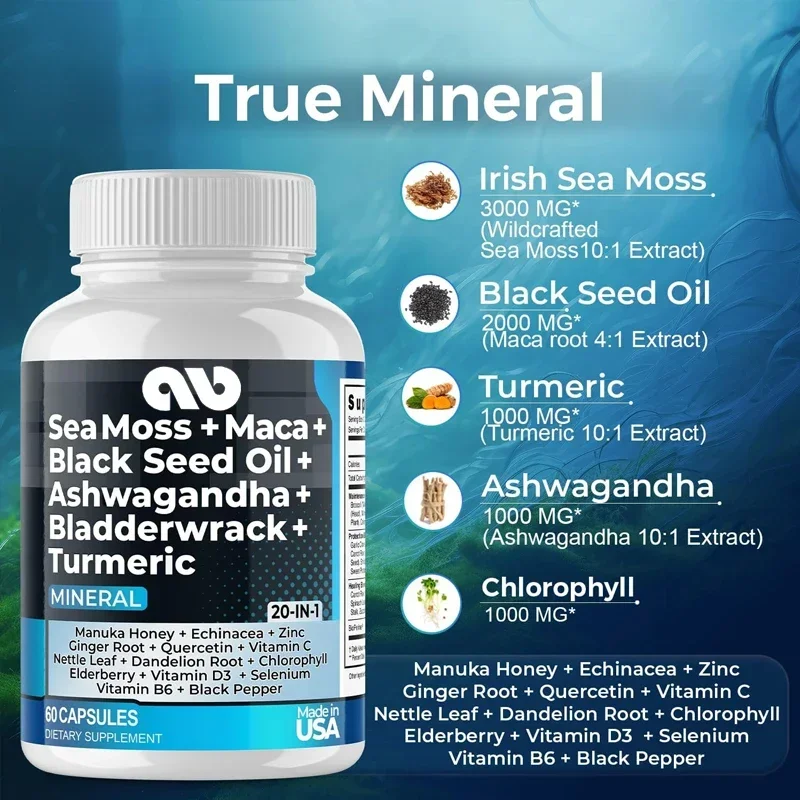 

Sea Moss Supplement with 20+ Vitamins And Minerals Vegetarian Capsules 60 Count for Nutritional Supplement