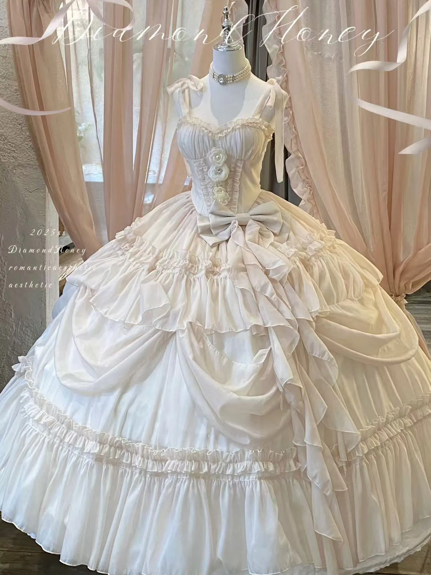 Cream White Sweet Lolita JSK 3D Floral Appliqué Corset Lace-Up Multi-Layer Ruffle Drape Voluminous Floor Length Princess Dress view 5