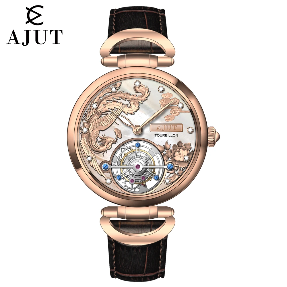 AJUT Movimento manuale Tourbillon Orologi da donna Zaffiro Madreperla intarsiato a carica manuale Orologio da donna cavo di lusso 0313