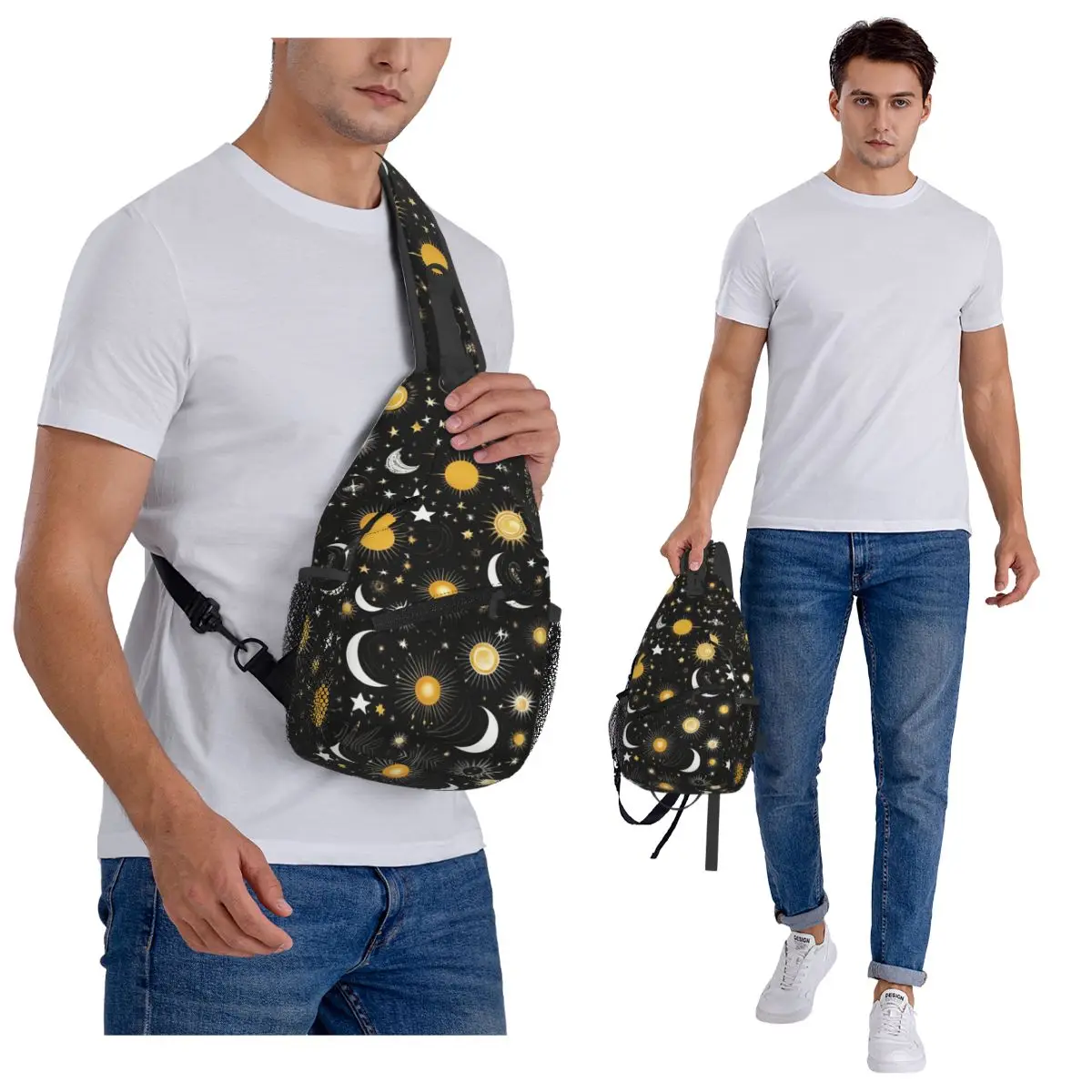 السماء المرصعة بالنجوم الفضاء غالاكسي الشمس القمر حقيبة الصدر الرجال حبال Crossbody على ظهره حقيبة الصدر السفر المشي لمسافات طويلة Daypack حقيبة الكتف