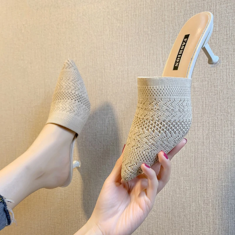 الصيف النساء النعال أصفر أسود محبوك الشرائح البغال أنيقة شبكة تنفس ميد كعب النعال مغلقة تو الشرائح أحذية الحفلات