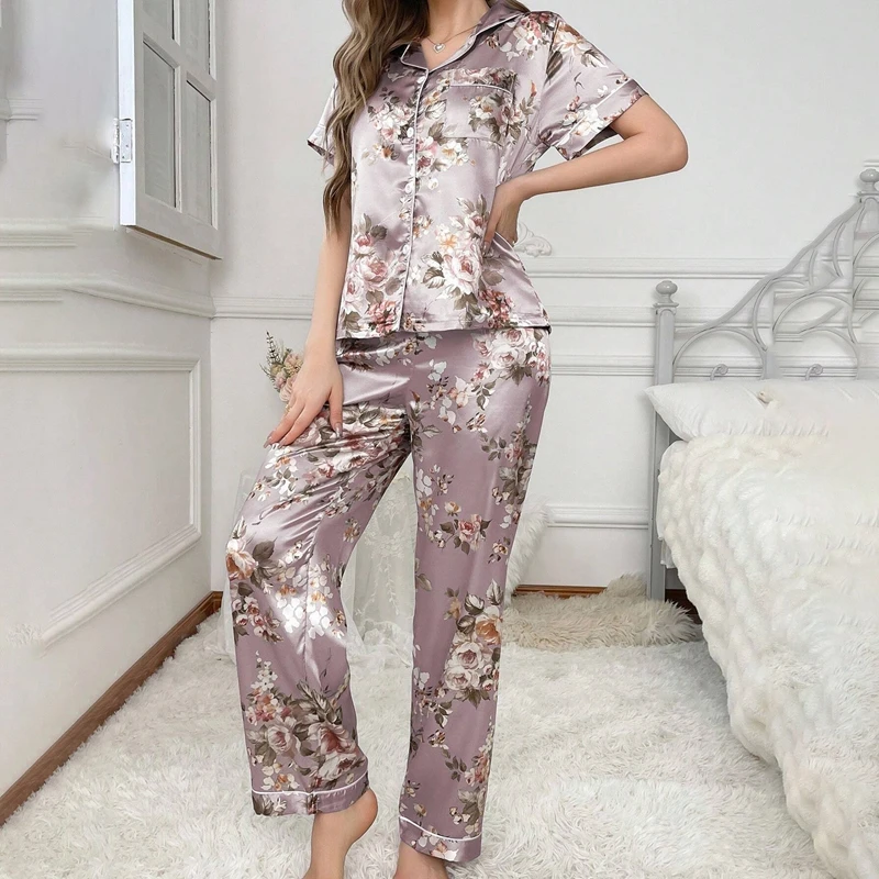 Women\'s Satin  Pajamas 2 Piece Autumn Short Sleeve Top & Long Pants Pj Sets Silky Sleepwear Loungewear for Ladies Home Clothes