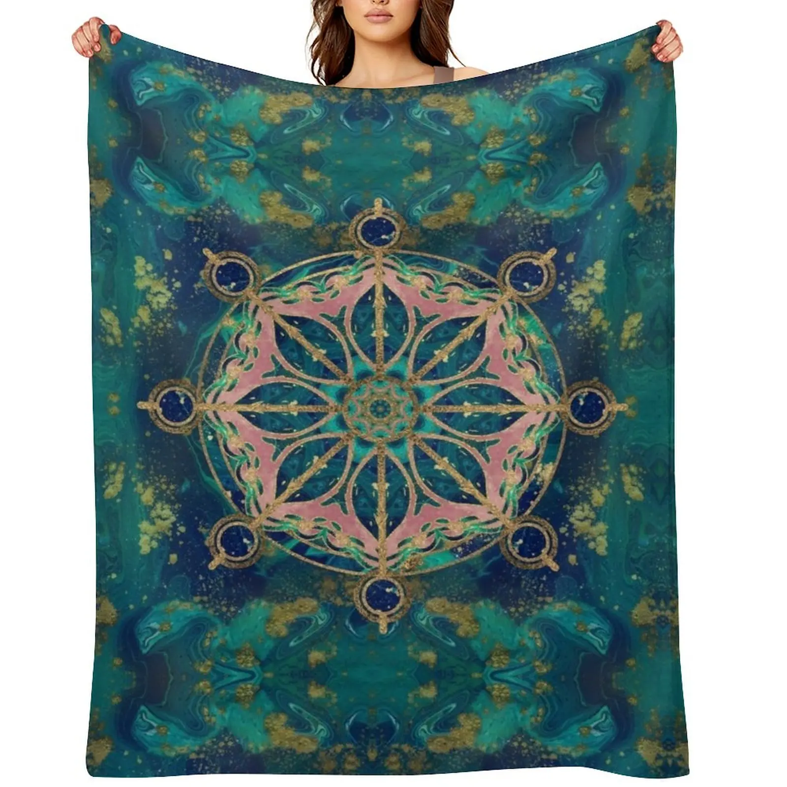 

Dharma Wheel - Dharmachakra Gemstone & Gold Throw Blanket warm for winter Winter beds halloween Moving Blankets