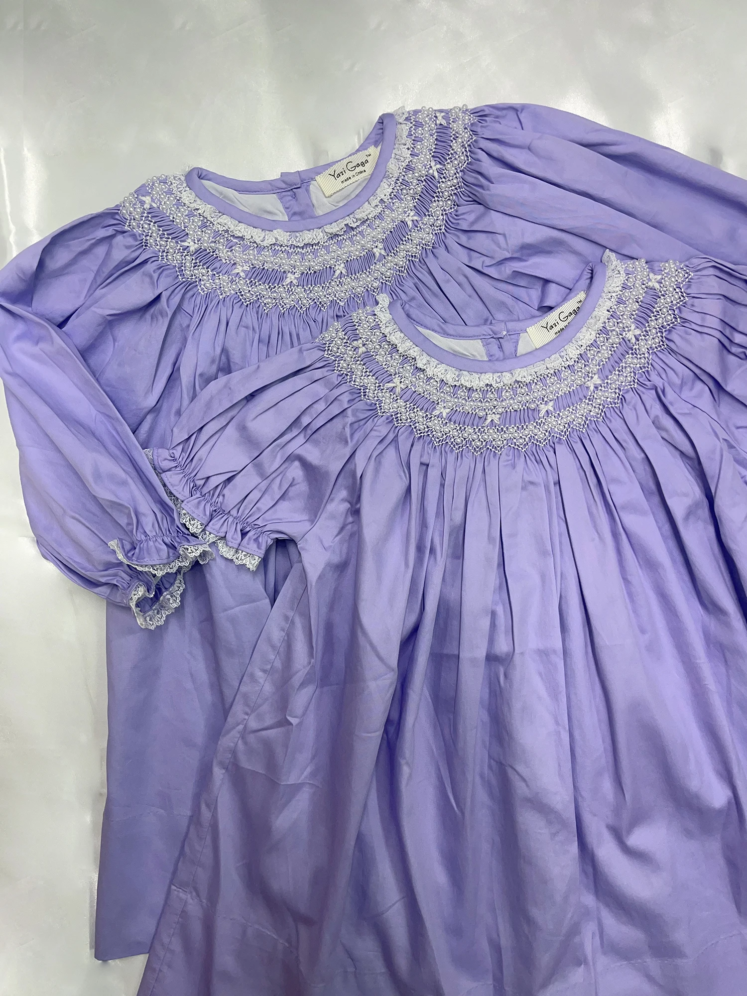 Girls Handmade Smocking Purple Satin Dress Pure Cotton Handmade Embroidery Beaded Long Sleeves and Short Sleeves Princess Dress