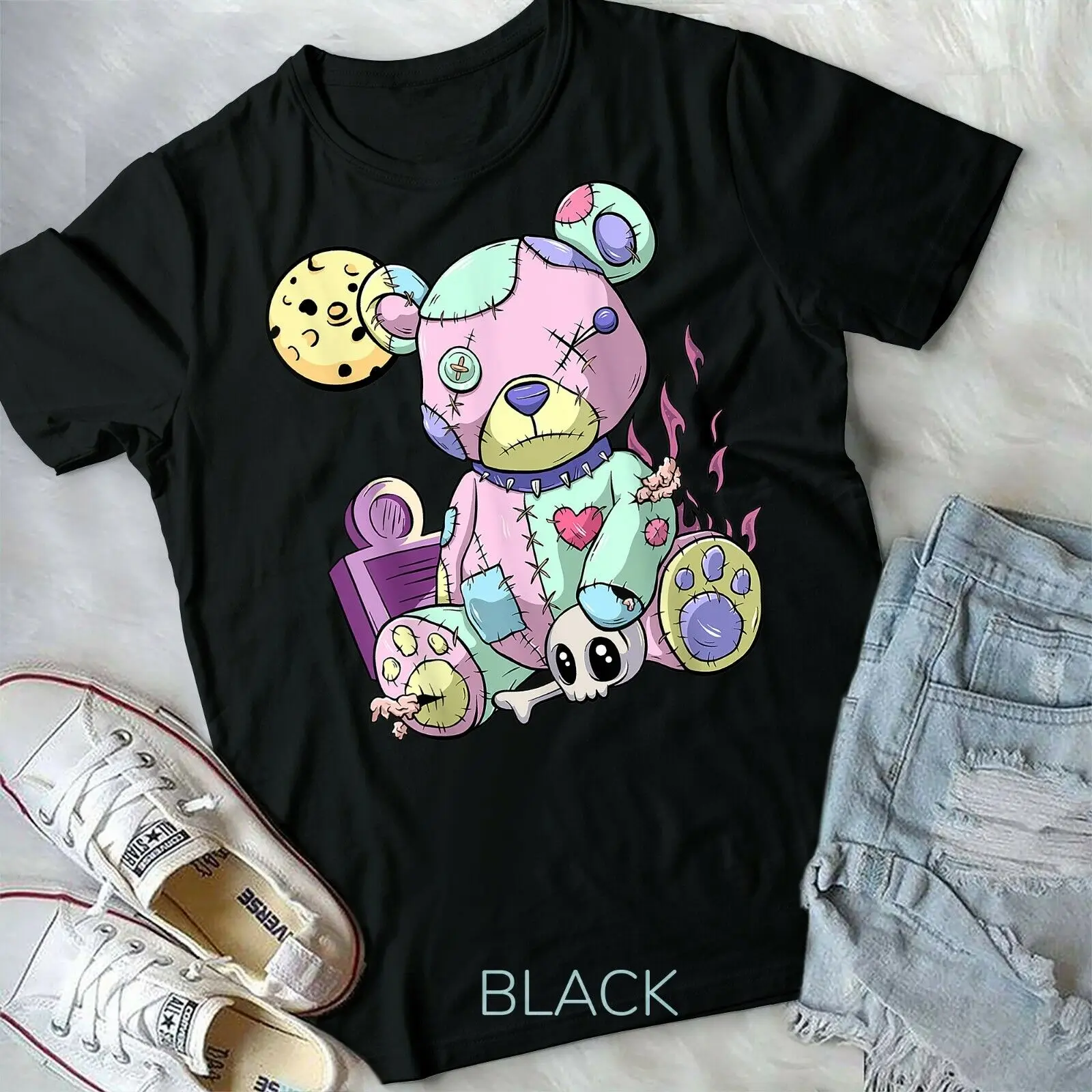 Kawaii Pink Pastel Goth Cute Creepy Teddy Bear Anime- Unisex Form T-Shirt