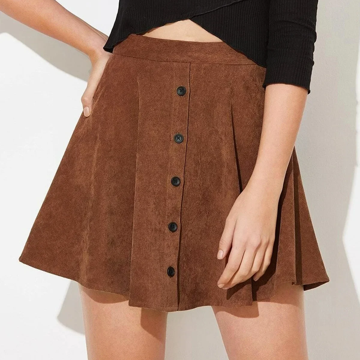 Women Corduroy Mini Skirts Casual Soild Single Button High Waist A-Line Balck Skirt For Lady Streetwear Autumn Clothing Harajuku