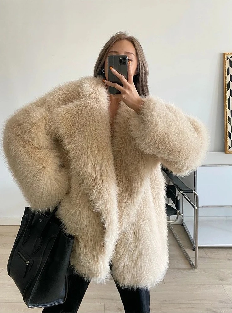 

Women's Mid Length Faux Fox Fur Coat Korean Style Lapel Collar Loose Fit Warm Luxury Fluffy Winter Jacket