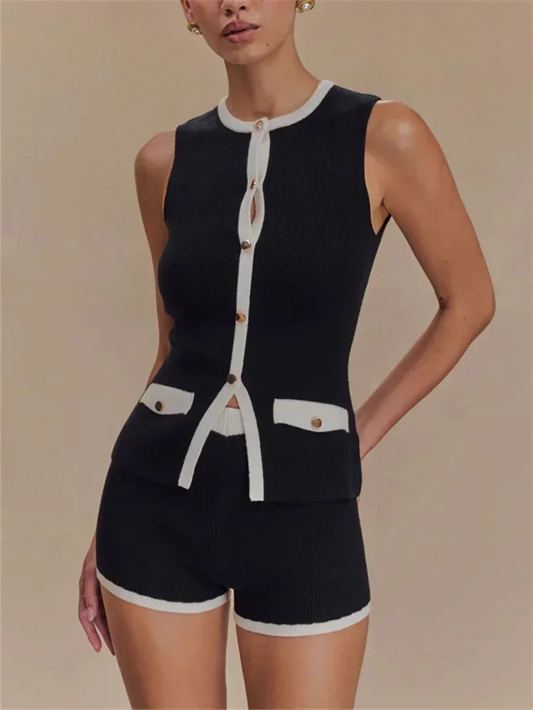 

Elegant Knit Cardigan Vestidos Female Pocket Slim Contrast High Waist Patchwork Sleeveless Top Knitwear Women's Outwear