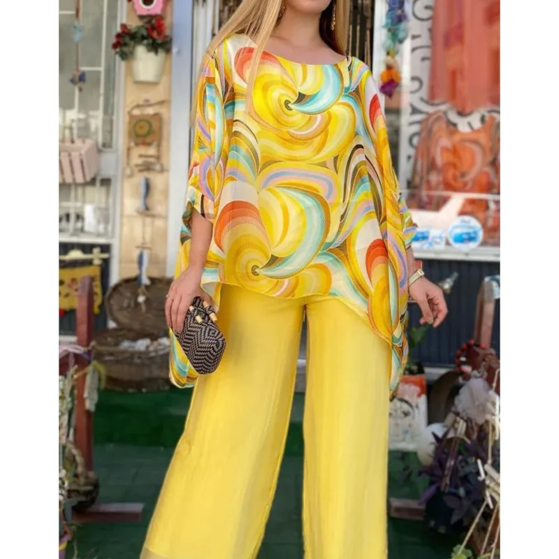 

Summer Colorful Chiffon Trousers Set Women's Casual Round-neck Printed Three-quarter Sleeve Top Wide-leg Trousers Two-piece Set