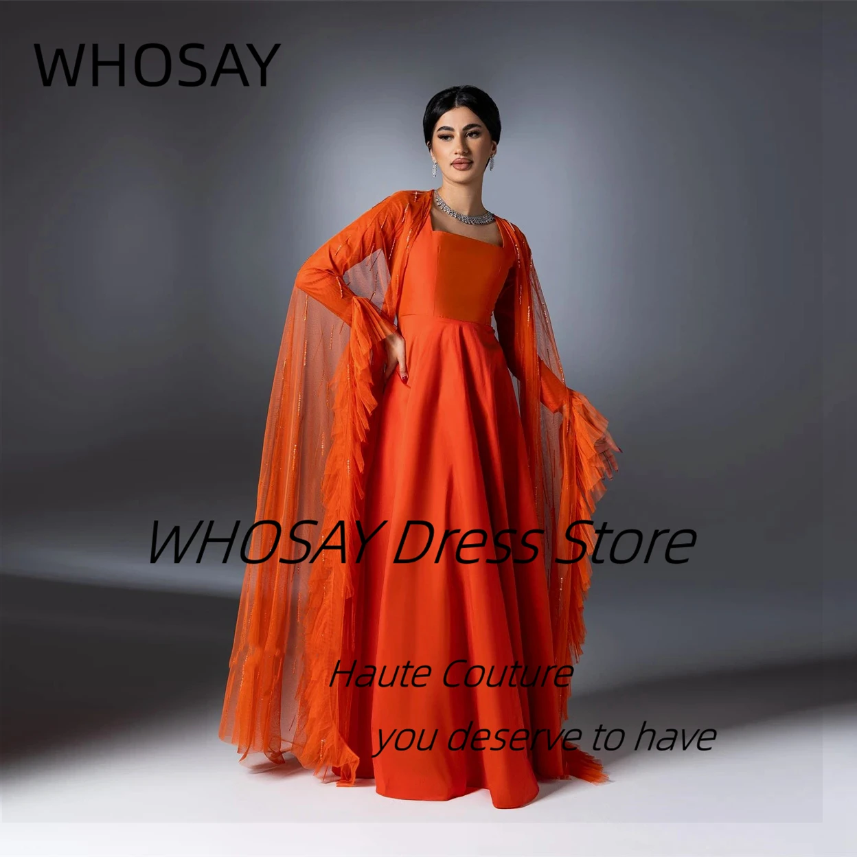 

WHOSAY Square Neck Prom Dresses Long Sleeves Saudi Arabia Evening Party Dress with Long Shawls Vestidos De Noches Customized