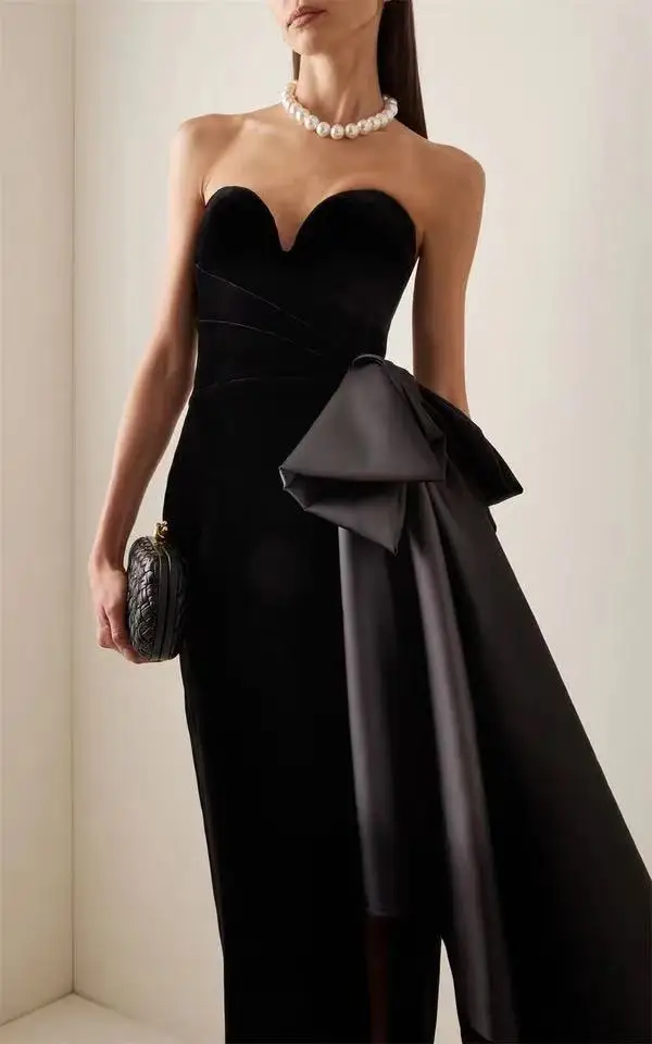 Fnoexw Black Velour Sweetheart Evening Party Dresses Modest Big Bow Strapless Side Split Simple Prom Dress Gowns Elegant Outfit