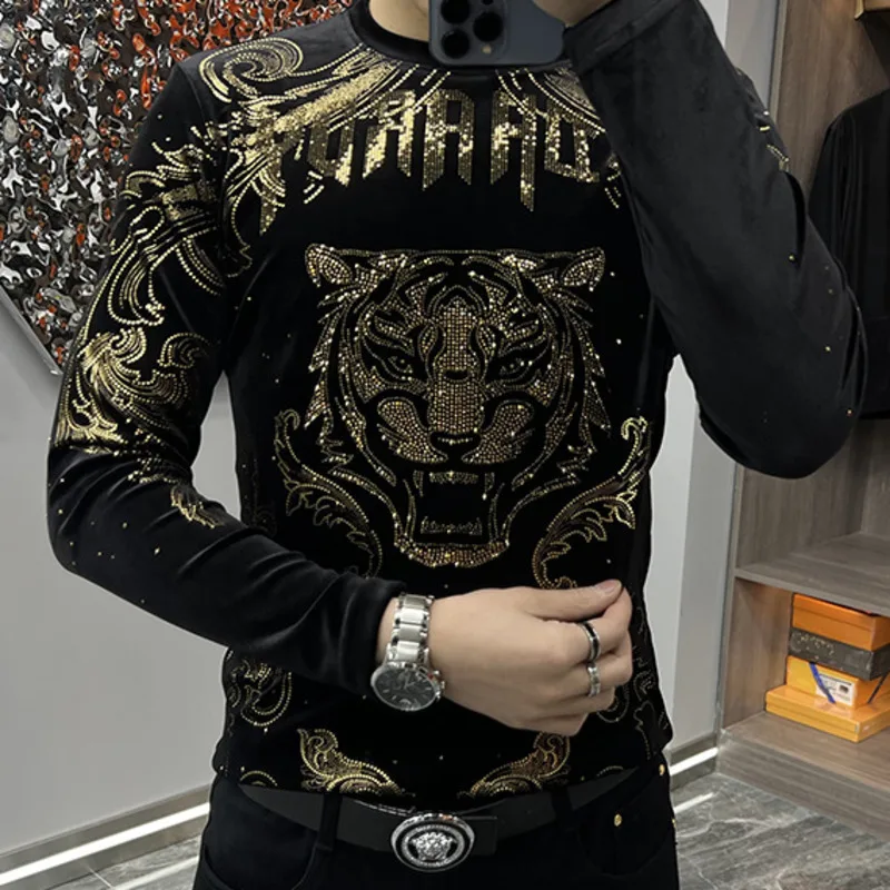 Casual O-Neck Tee Shirt Homme Diamond Print Men Long Sleeved T-shirt Luxury Streetwear Fashion Men Flower Tshirt Comfortable