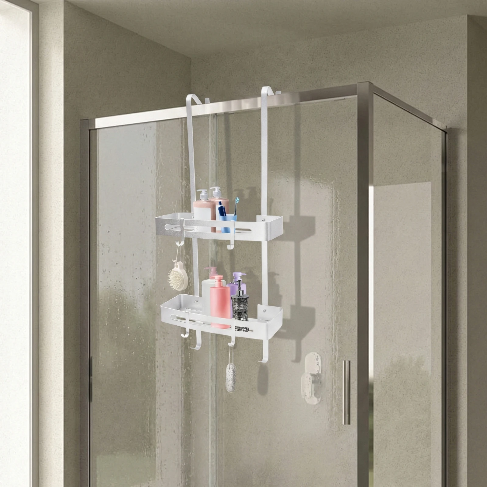 Mensola doccia a 2 livelli da appendere, mensola da bagno montabile su porta con 6 ganci per shampoo, bagnoschiuma, asciugamani, per bagno, cucina, balcone