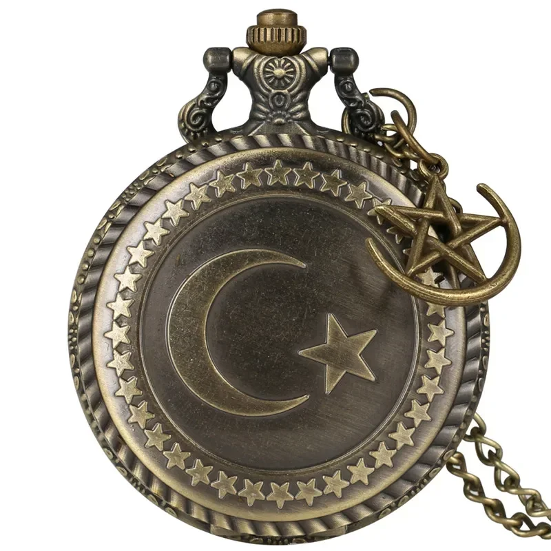 Retro Turkey Flag Design Antique Quartz Pocket Watch Necklace Pendant Chain for Men Women with Moon Star Accessory Timepiece