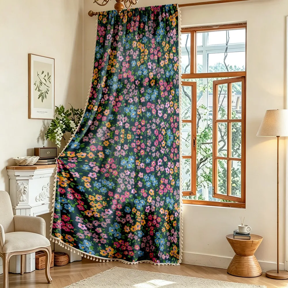1PC Floral Tassel Sheer Curtains, Dark Teal Pink Bloom, Digital Print, Linen Polyester, Bedroom Living Room, Home Decor