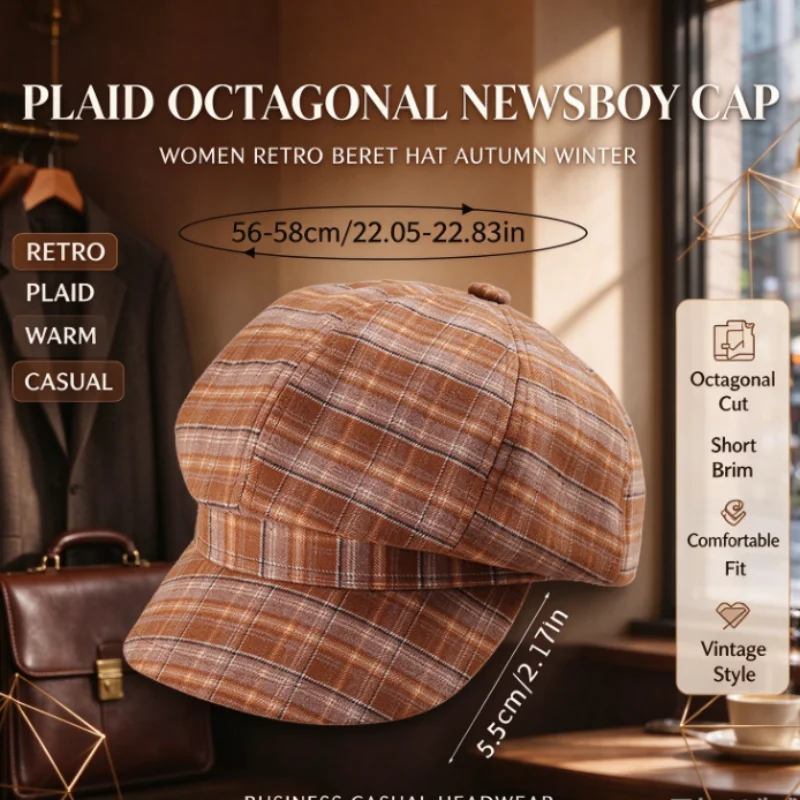 Vintage Retro Plaid Octagonal Newsboy Beret Hat For Women Korean Fashion Academic Style Painter Artist Cap  Girls Spring Autumn