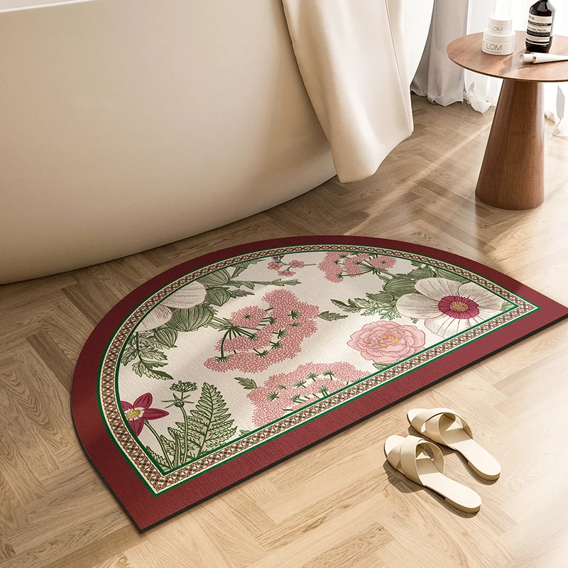 Boho Dark Floral Half Round Rug, Non-slip & Washable, Antique Rose Semicircle Mat for Decor