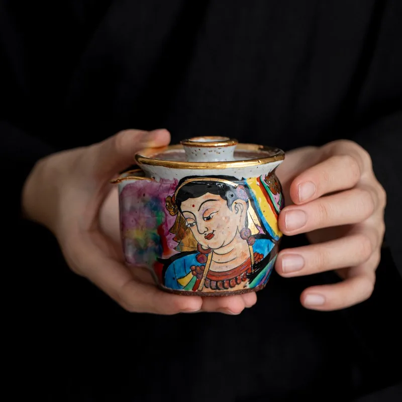 Retro Zen style coarse pottery, hand-painted Buddha statue brewing teapot, single pot, tea party elegant ceremony