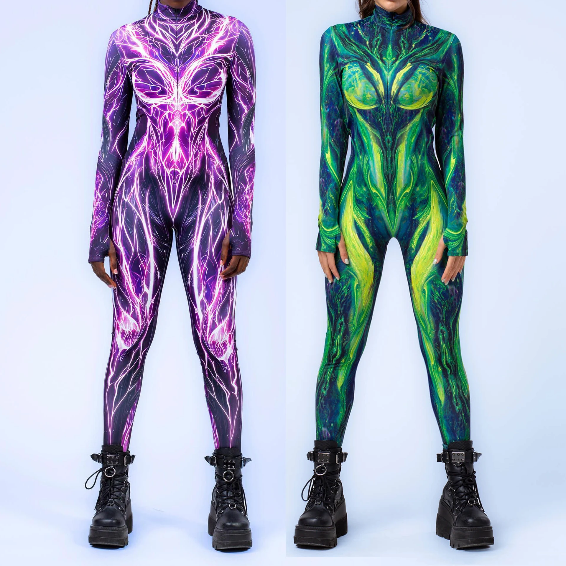 Kobiety Cool Cyber Cosplay Jumpsuit Punk Bodysuit Party Zentai Suit Halloween Festival Rave Outfit Aerial Yoga Clothes