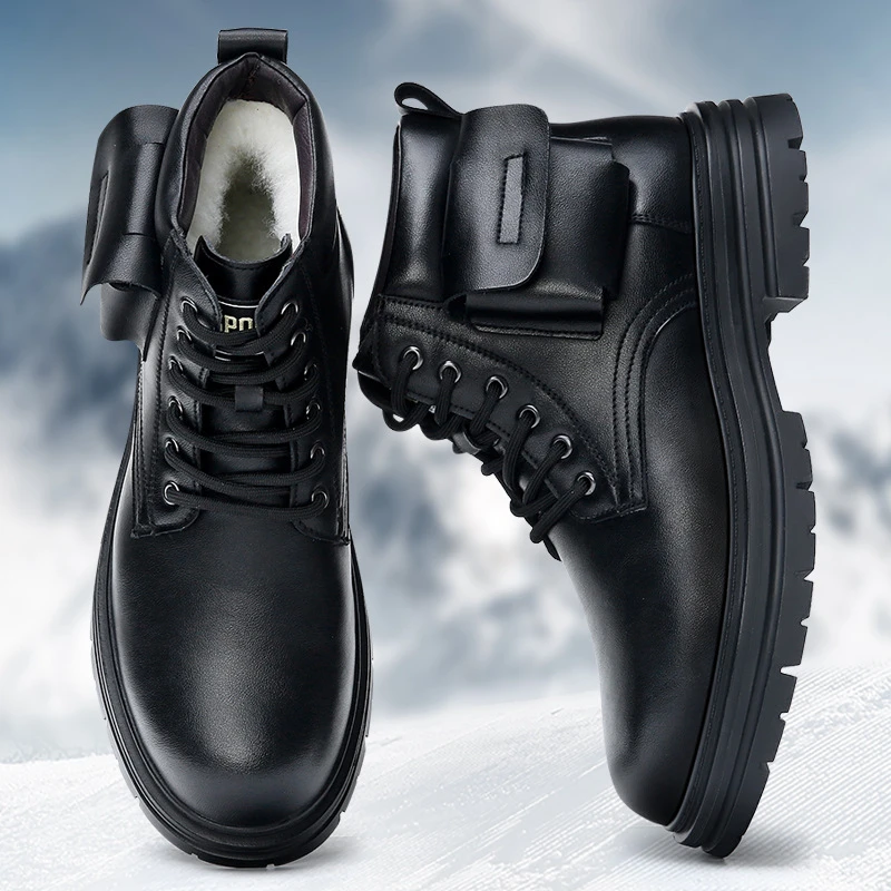 Mens Rechargeable Heated Winter Boots Wool Lined Leather Snow Boots Thick Sole Warm Non Slip For Cold Weather Comfortable Velvet