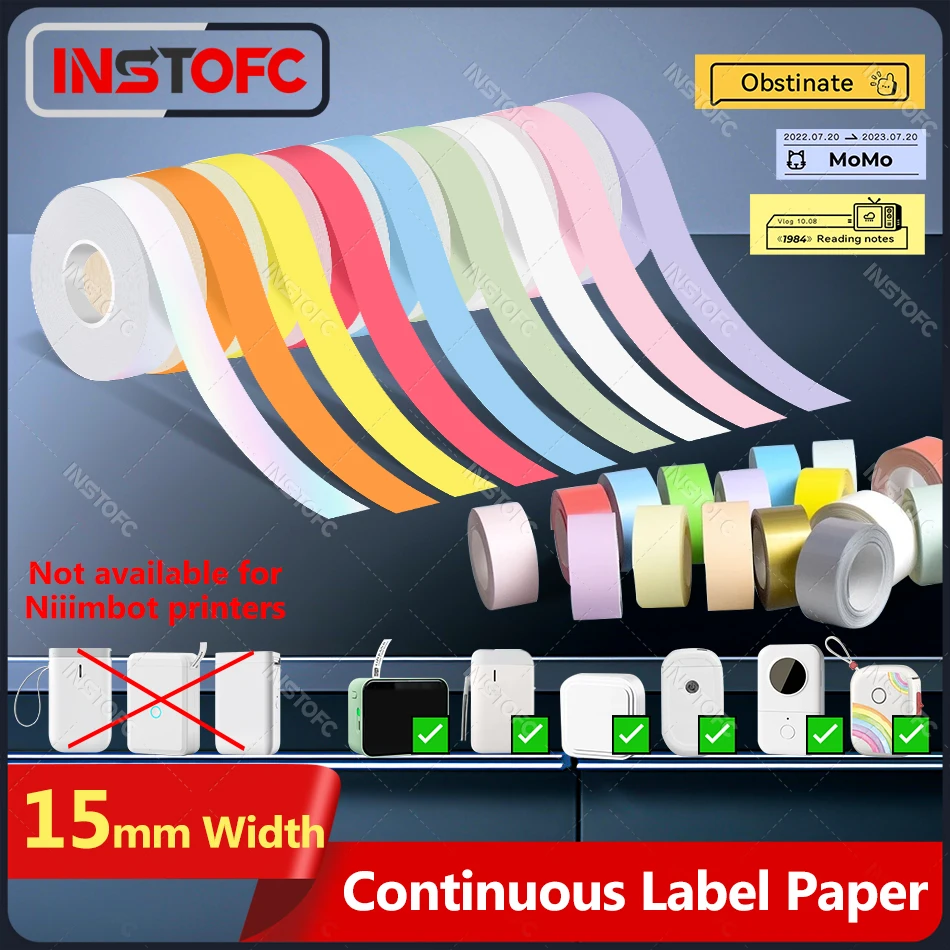 3Rolls 15mm*4M Adhesive Continue Label Paper Color Transparents Thermal for P12/P15/P50/Q30/D30 Office Labeling Printer Maker