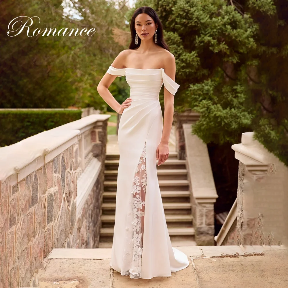 Elegante plissado fora do ombro flores sereia vestido de casamento fenda aberta volta sem alças vestido de noiva vestidos de novia personalizado