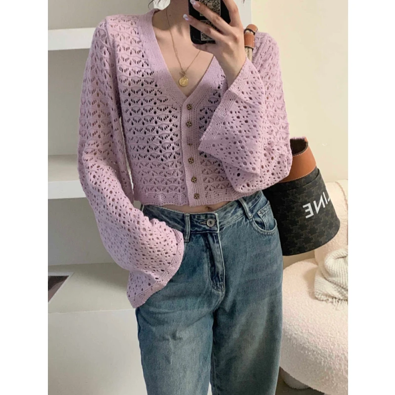 Button Front Pointelle Knit Cardigan Sheer Crochet V Neck Bell Sleeve Sweater for Women Spring Summer Casual Outfit