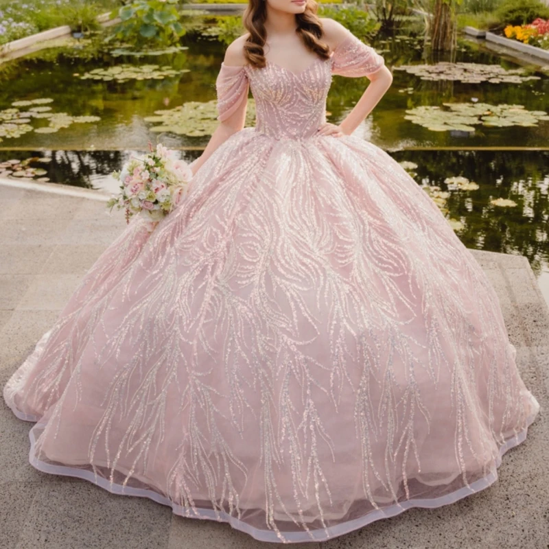 

Light Pink Shiny Quinceanera Dresses Off The Shoulder Sequin Lace Beading Crystal Bow Tull Party Birthday Sweet 16 Dress Vestido
