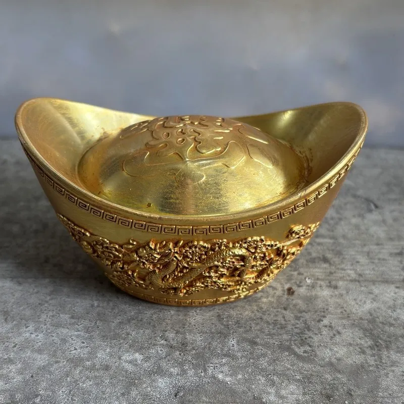 Dragon Phoenix Auspicious Alloy Gold Ornament, Ingot Treasure Basin Decoration for Living Room, Opening and Housewarmi