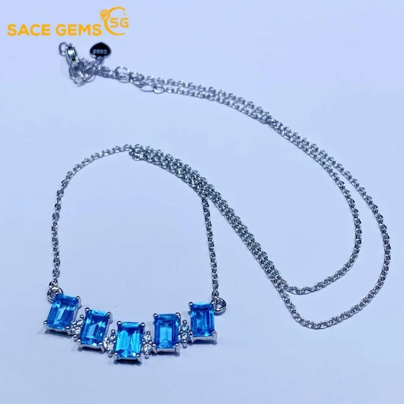 SACE GEMS Luxury 100% 925 Sterling Silver 5*6MM Natual Swiss Blue Topaz Pendant Necklace for Women Cocktail Party Fine Jewelry