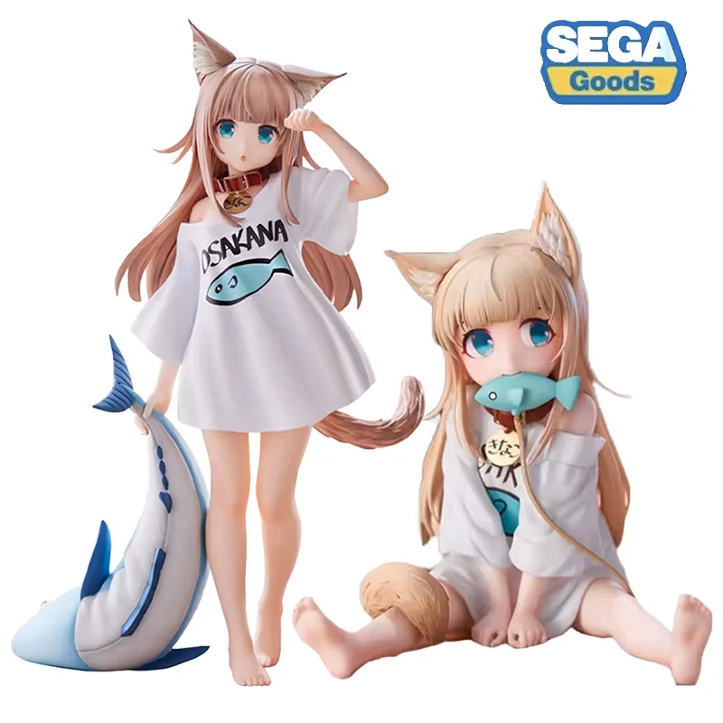 

Original Golden Head My Cat Is A Kawaii Girl PVC Hobby Sakura Soybean Flour Sit And Eat Fish Model Doll Toys Christmas Gift