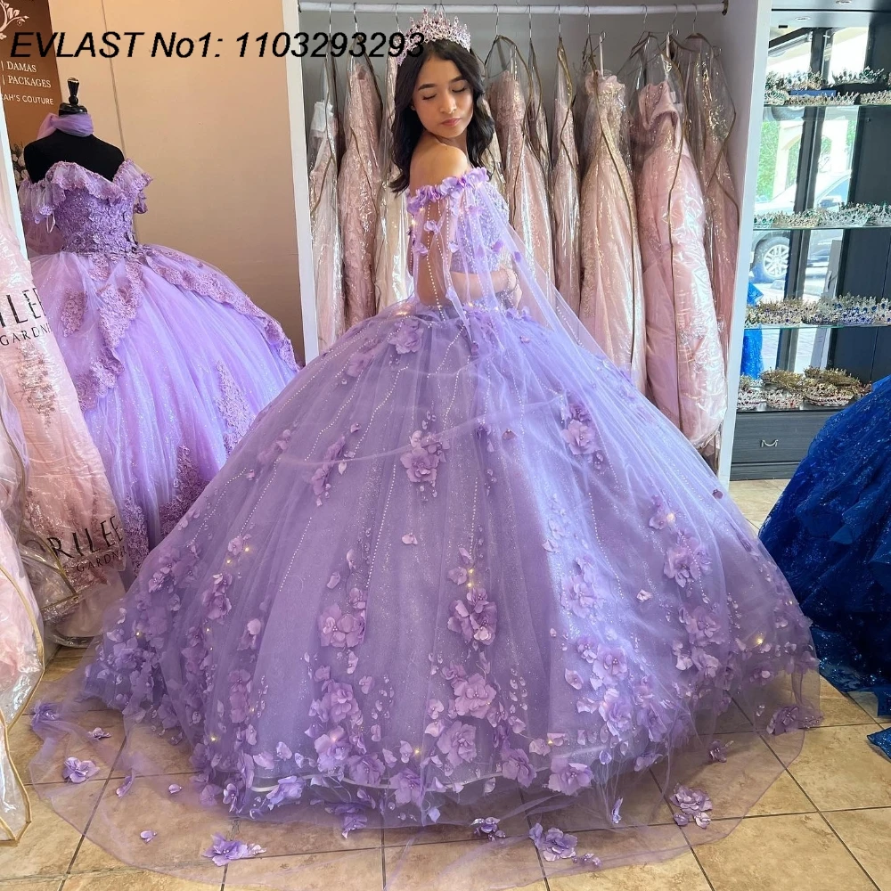 EVLAST Customized Lilac Quinceanera Dress Ball Gown 3D Floral Applique Beading Cape Corset Sweet 16 Vestido De 15 Anos E1Q144