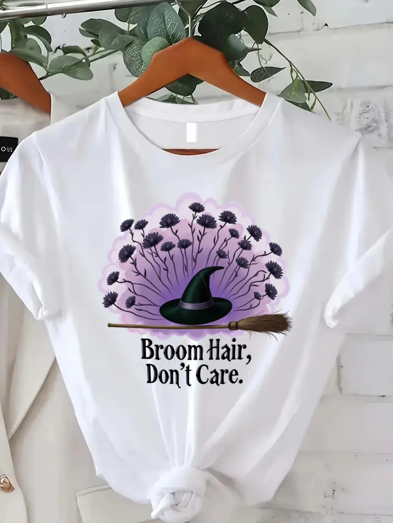 جولة الرقبة تي شيرت مكنسة الساحرة الشعر لا رعاية تي شيرت هالوين مضحك المرأة حجم كبير أعلى قصيرة الأكمام المحملة أزياء رداء علوي غير رسمي #1