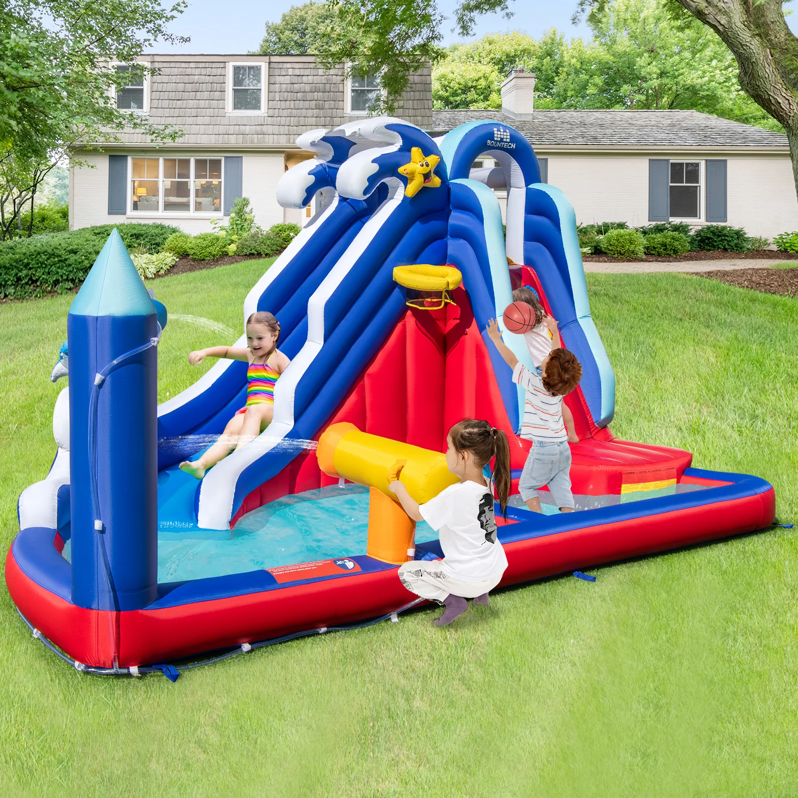 6-In-1 Inflatable Water Park with Climbing Wall Splash Pool Blower Excluded