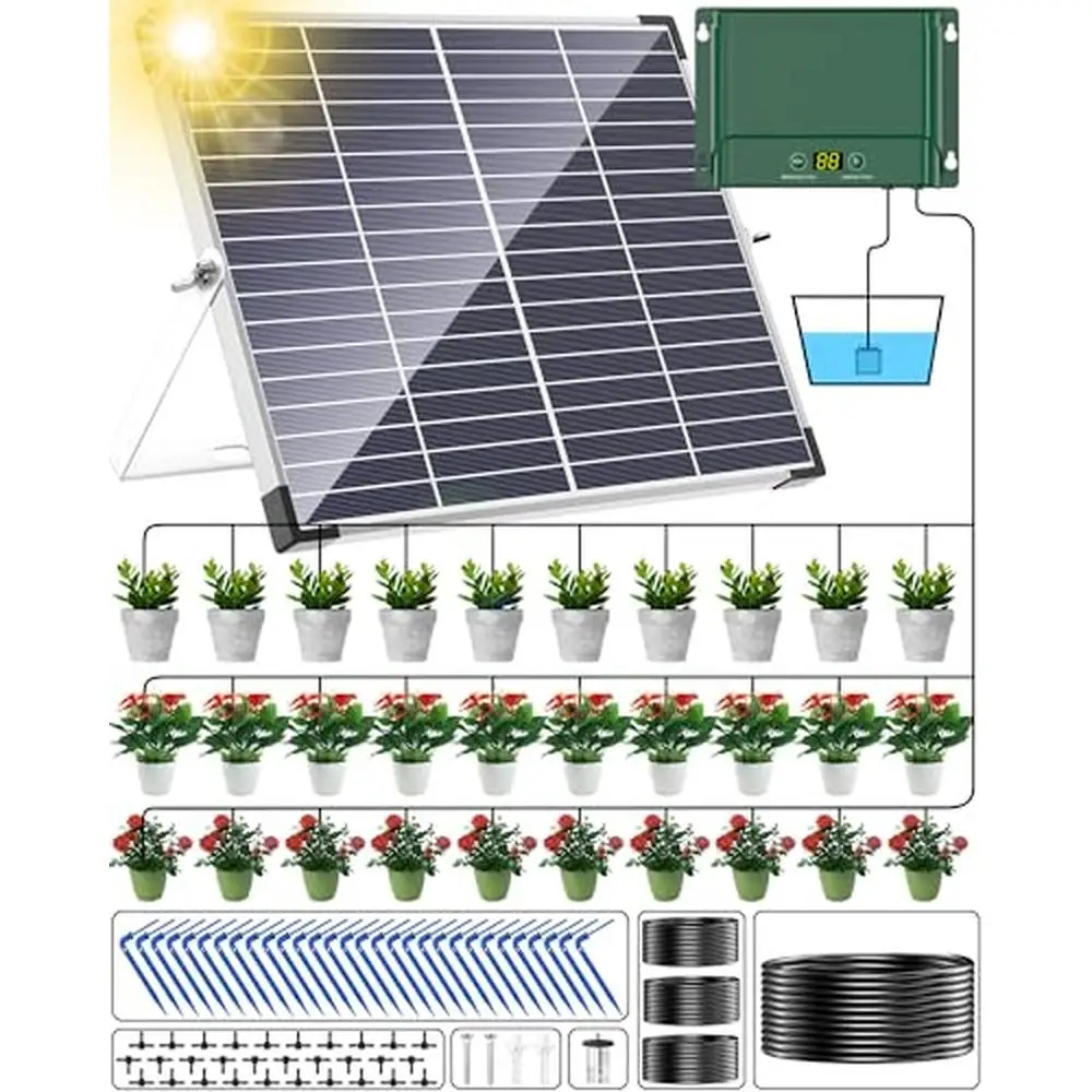 Solar Powered Drip Irrigation System with 15W Panel 30 Modes Timer 30 Plant Capacity Water Level Sensor Easy Installation