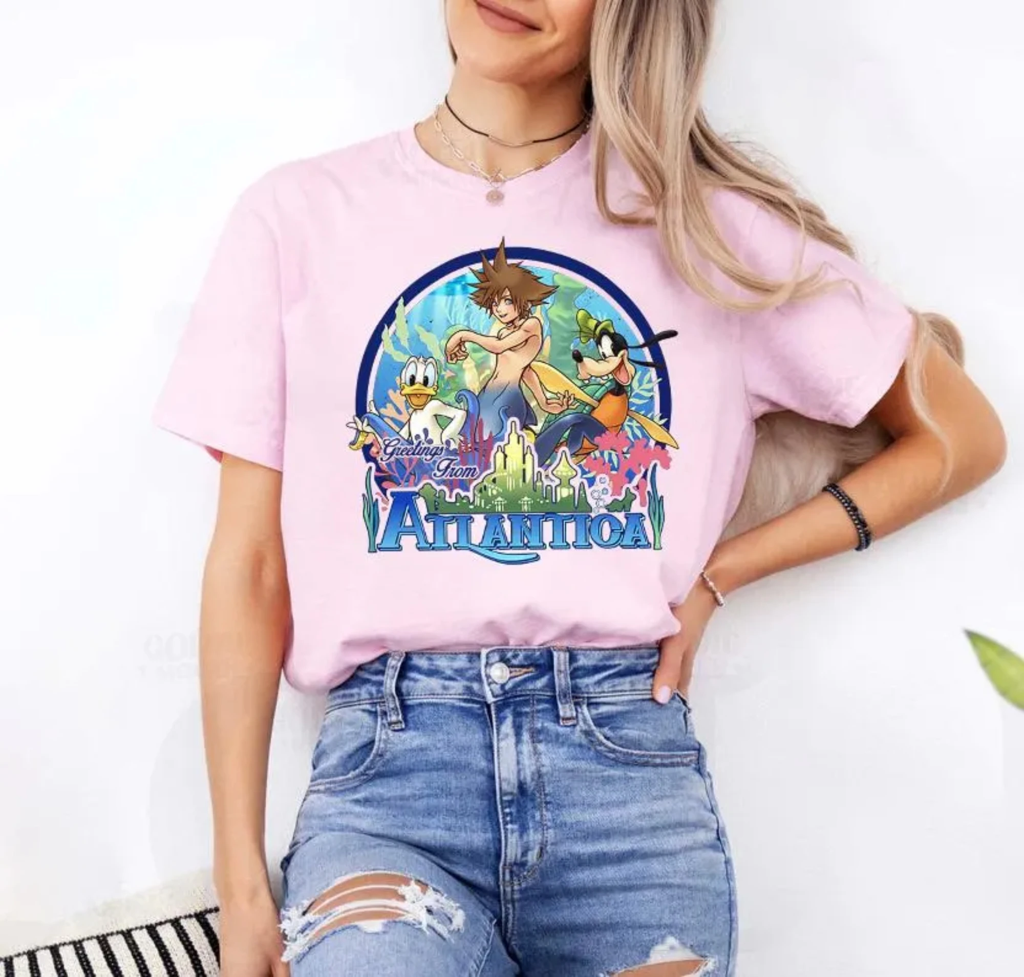 디즈니 킹덤 하츠 1 아틀란티카의 인어 친구들 도널드 구피 티셔츠, 디즈니랜드 가족 매칭 셔츠, WDW 여행 티셔츠