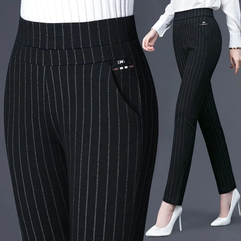 Spring Autumn Middle Aged Women Elastic Waist Casual Straight Pants Female Trousers Lady Stripe Pencil Pants Black Pants 5XL1833