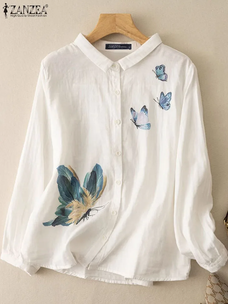 

ZANZEA Fashion Women Shirt Summer Long Sleeve Lapel Neck Blouse OL Work Holiday Tops Bohemain Casual Printed Blusas Tunic Mujer