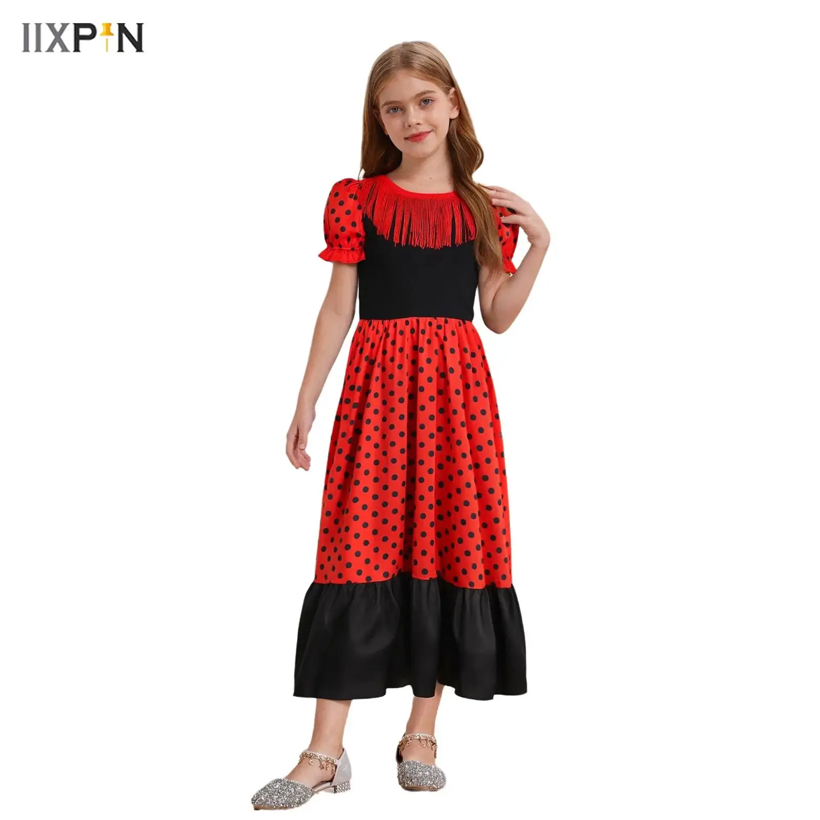 

Kids Girls Tassels Flamenco Dance Dress Halloween Performance Costume Round Neck Short Puff Sleeves Dots Color Block Midi Dress