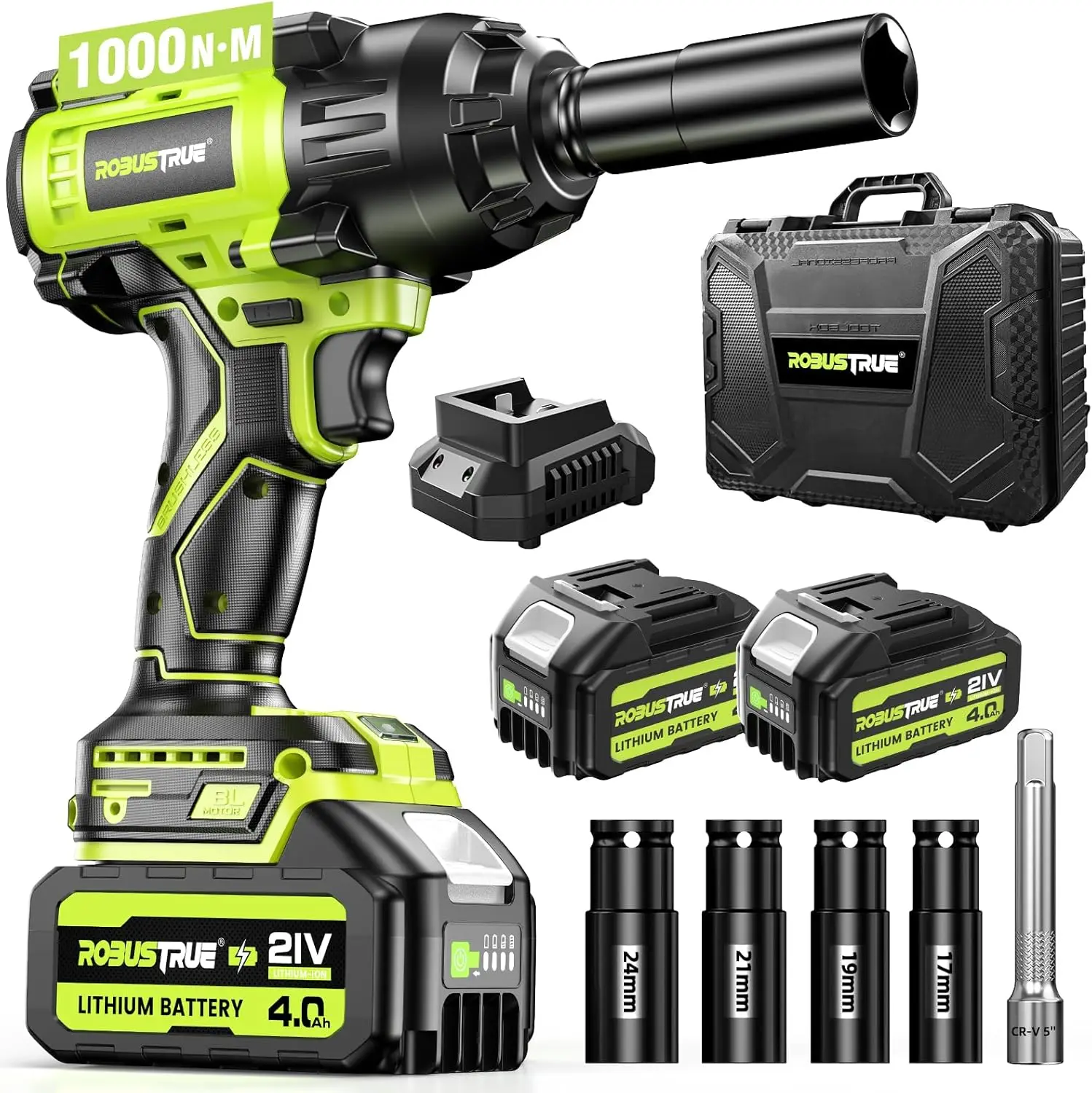 740Ft-Lbs (1000N.Mx) Cordless Impact Wrench, High Torque Brushless 1/2 Impact Gun, 2 X4.0Ah Battery 21V Max, Fast Charger, 4