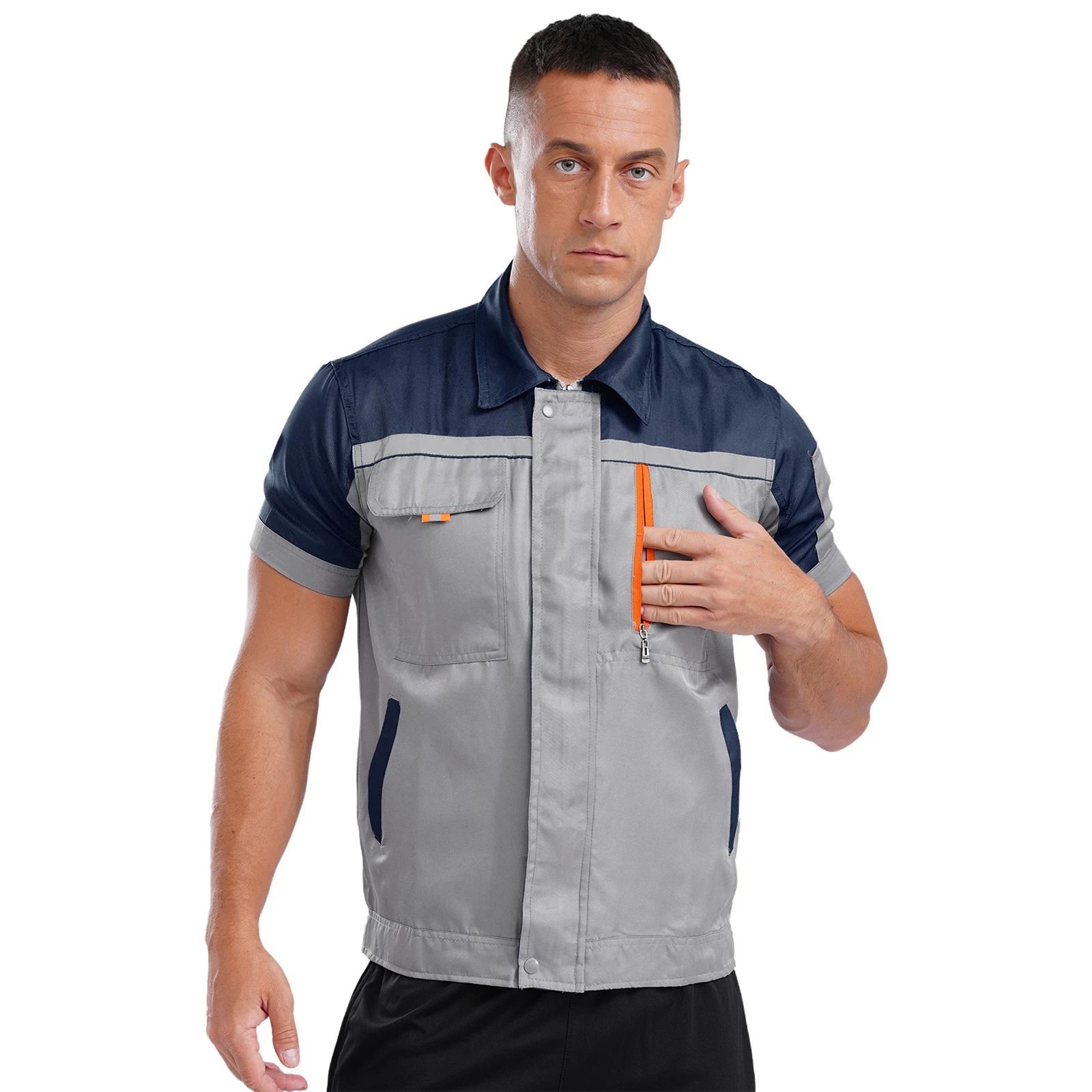 Heren fabriek workshop arbeidswerk uniform jas tops met zakken korte mouw hoge zichtbaarheid rits bovenkleding shirt tops