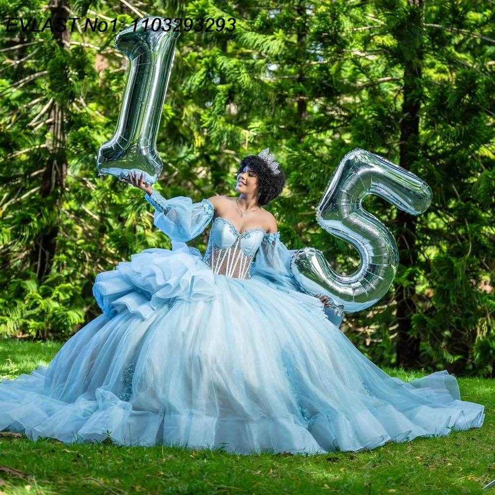 

EVLAST индивидуальное мексиканское синее платье Quinceanera, бальное платье с кружевной аппликацией и оборками из бисера, милое платье 16, Vestidos De 15 Anos E1QN478