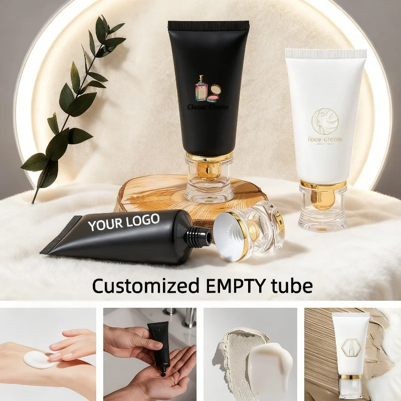【Logo Custom】50Pcs Customize 50ml Gold/silver Waist Closure Short Flat Black/white Tube Makeup and Skincare Packaging Material