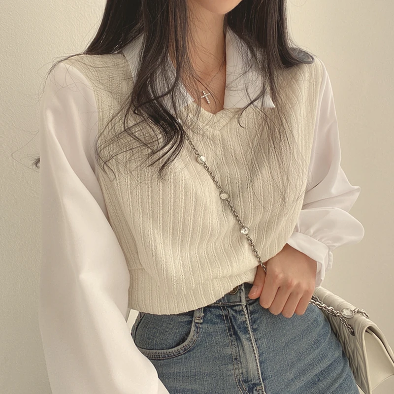 

Spring Autumn ort Knitted Bubble Sve irt Women's Faion Sense Inner Wear Layering irt Patchwork Design Commute Sle