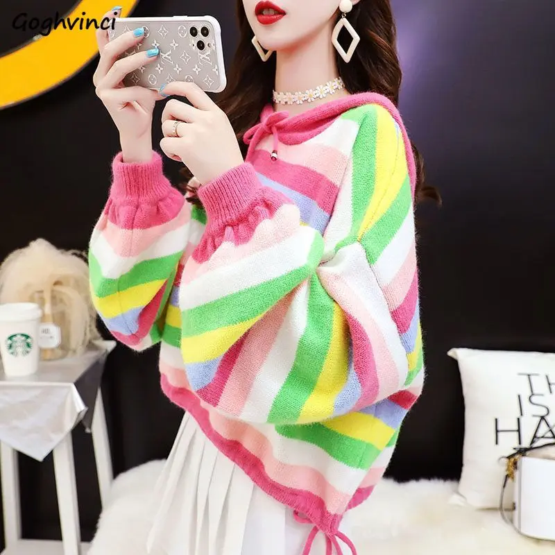 

Hooded Pullovers Women Kawaii Rainbow Schoolgirls Fashion Sweaters Baggy Simple Autumn Popular Knitwear Cropped All-match Casual