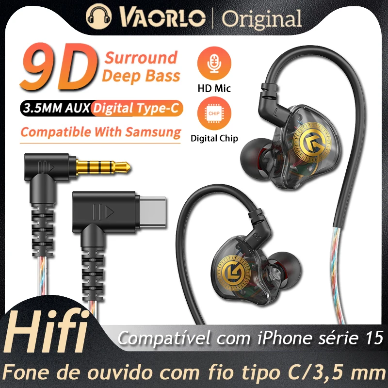 VAORLO 9D Super Bass Fone de ouvido intra-auricular controlado por fio com microfone Fone de ouvido 3,5 MM AUX / Type-C Digital Chip Headset Fones de ouvido com redução de ruído para iPhone15 / Samsung / Huawei etc.
